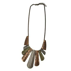 Mix Metal Brutalist Style Statement Bib Necklace Textured Silver Copper Bronze